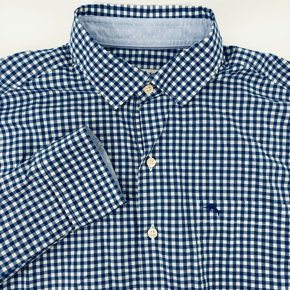 Tommy Bahama Shirt Newport Coast Mens M Blue White Gingham Plaid Pima Cotton